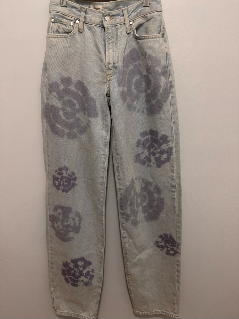 Anthropologie Light Wash Straight-Leg Jeans with Lavender Floral Prints